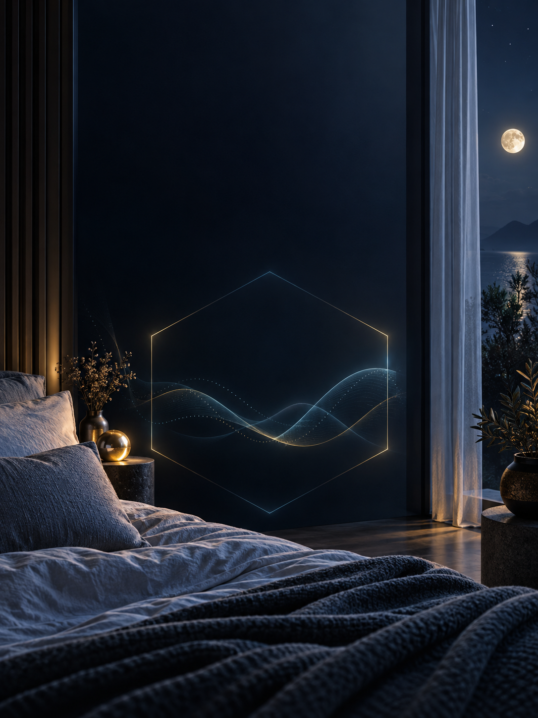 Capa do Guia do Sono 5 Leis, com quarto noturno, lua e ondas de recuperação.