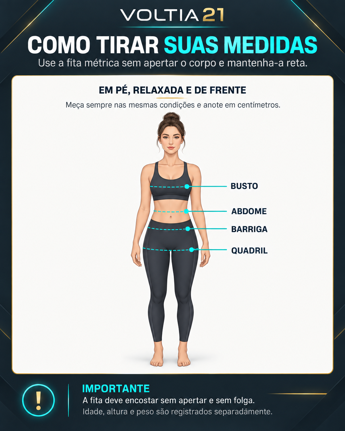 Guia VOLTIA21: meça em pé, relaxada e de frente, com a fita reta e sem apertar. O desenho marca busto, abdome, barriga e quadril. Idade, altura e peso são registrados separadamente.
